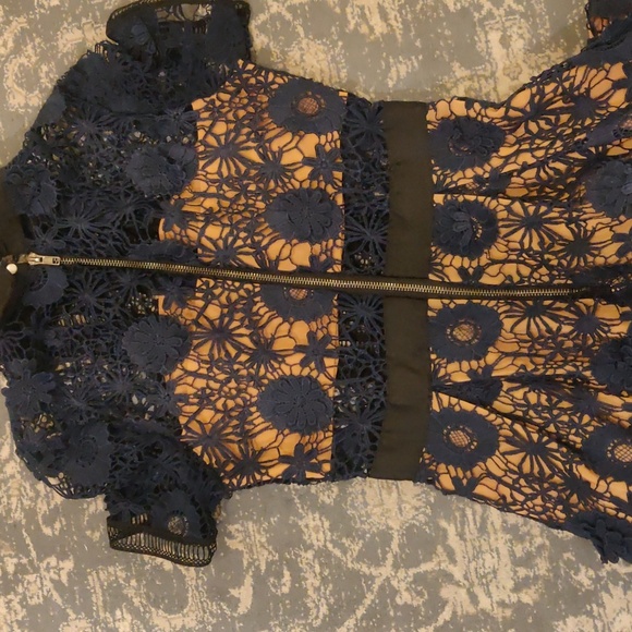 Few Moda NY hollow transparent cotton Elegant Navy Lace Black Trim Midi Dress - Picture 11 of 14